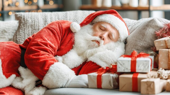 Santa Claus Sleeping on Couch Surrounded by Christmas Gifts - Powered by Adobe