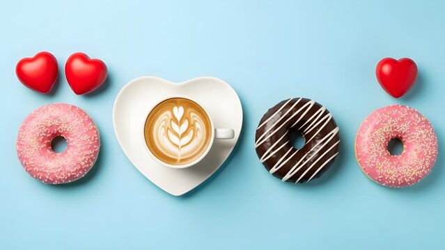 Sweet valentine s day treat donuts coffee and hearts on a light blue background for a romantic celebration