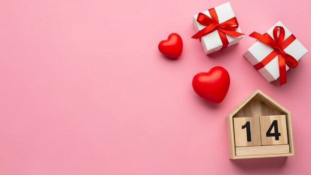 Romantic valentine s day still life with gifts hearts and calendar on a pink background
