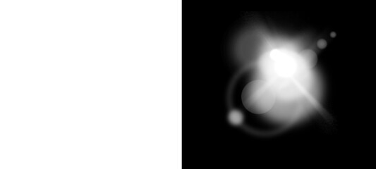 A bright lens flare effect on a black background creates a dramatic and eyecatching visual element for graphic design projects isolated on transparent background
