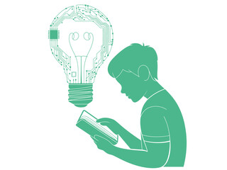A young person reads a book, and a bright idea is visualized as a circuit board light bulb.