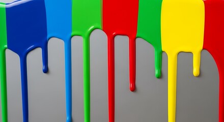 Vibrant colorful paint streams dripping down a smooth grey surface creating a vivid artistic display