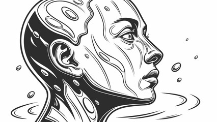 A stylized illustration of a human head emerging from water, rendered in black and white with intricate line work