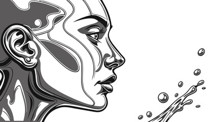 A stylized monochrome illustration of a reflective, futuristic female face blowing water, , creating a striking visual effect