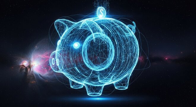 Glowing Wireframe Piggy Bank with Digital Dollar Coin and Binary Data in Cosmic Nebula