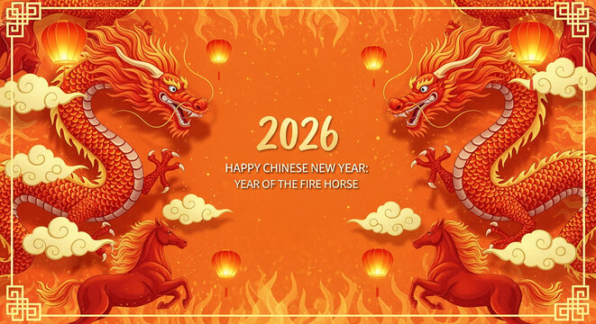 Festive image of dragon, horse, and lantern on orange background, with "2026, Happy Chinese New Year: Year of the Fire Horse," celebration theme