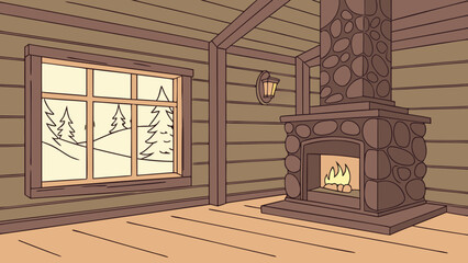 A cozy cabin interior with a stone fireplace and a window view of snowcovered trees, creating a warm and inviting atmosphere in the room
