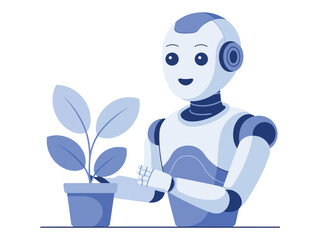 A robot carefully tending to a potted plant, symbolizing future agriculture.