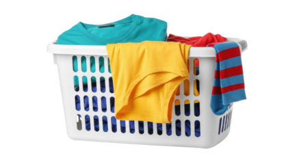 Laundry basket full of colorful clothes isolated PNG, household chore concept for cleaning and washing apparel on transparent background