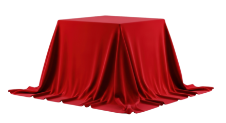 Red velvet cloth covering a cube isolated PNG, elegant fabric draped over object on transparent background for product reveal