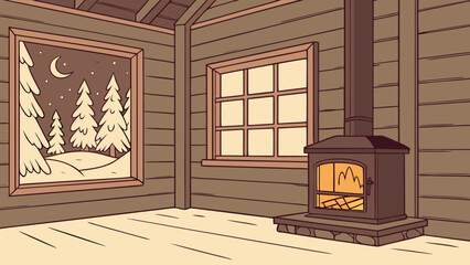 A cozy cabin interior with a warm fireplace, a window showing a snowy winter scene, and wood paneled walls creating a peaceful atmosphere