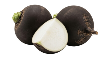 Black radish isolated PNG on transparent background, raw root vegetable with dark skin and white flesh, healthy eating
