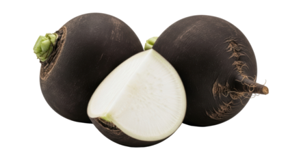Black radish isolated PNG on transparent background, raw root vegetable with dark skin and white flesh, healthy eating