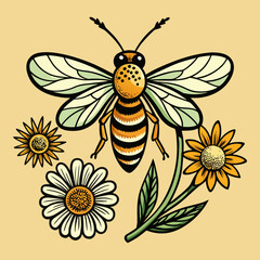 Stylized bee and flowers illustration with bold outlines and flat colors