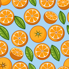Vibrant orange slices and leaves seamless pattern on light blue background