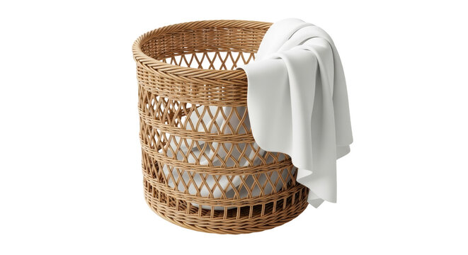Wicker laundry basket with white cloth isolated PNG, rustic woven hamper for home decor and storage on transparent background
