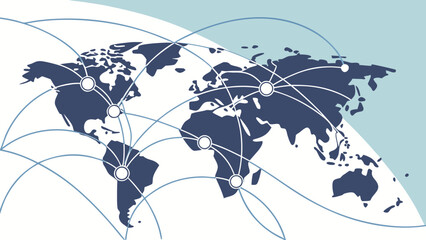 Global network connecting continents, illustrating international business, communication, and interconnectedness on a light blue background