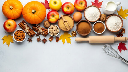 Top view of fall baking ingredients such as pumpkin, apples, flour, sugar, and spices with a whisk, perfect for seasonal recipes