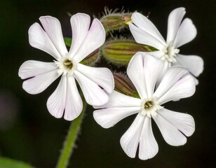 Obraz premium Cluster of pristine white flowers with slight pink lines in petals, set against a dark background