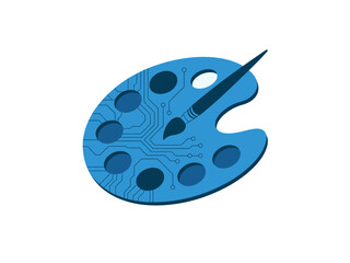 A blue artist's palette is integrated with circuit board patterns and a paintbrush.
