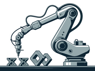 A robotic arm manufactures intricate geometric shapes using additive manufacturing.