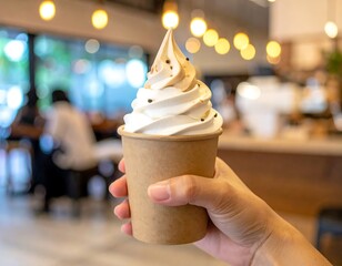 Creamy, swirled soft-serve ice cream held in hand against blurred cafe backdrop, tantalizing and tasty treat