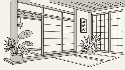 A serene indoor scene showcases a minimalist japanesestyle room with sliding doors, potted plants, and a hanging lantern, creating a peaceful ambiance