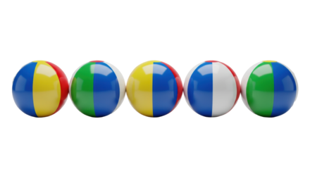 five glossy pvc beach balls (red, yellow, blue, green, white striped) precisely lined up in a high-key studio environment with white background and ample copy space. concept of summer leisure and