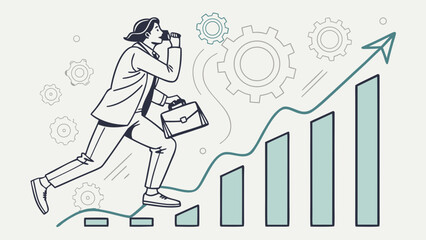 A determined businesswoman strides confidently towards success, symbolized by a rising bar graph
