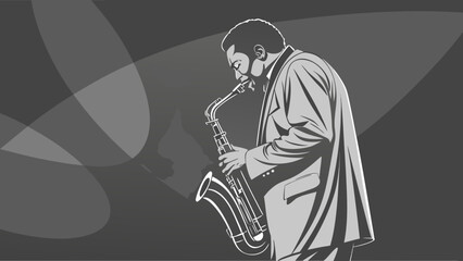 A grayscale vector illustration of a jazz musician passionately playing a saxophone, set against a subtly textured backdrop with abstract light patterns