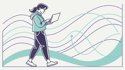 A woman walks while using a laptop, with abstract lines in the background, symbolizing connectivity and modern technology integration in daily life