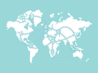 Global travel routes connect continents and major cities on a world map.