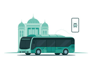 A modern bus connects to a digital interface on a smartphone with a building in the background.