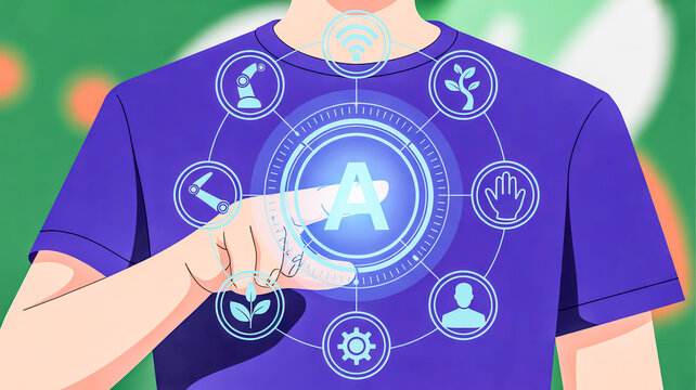Person touching AI interface with circular icons on purple shirt - Powered by Adobe