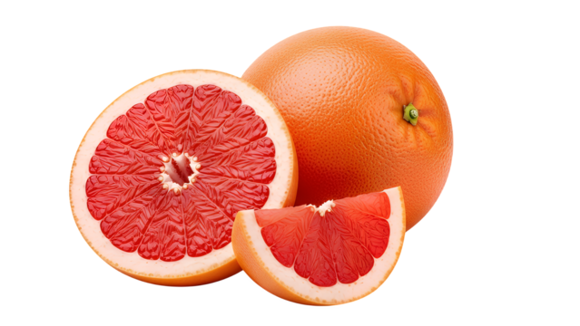 Fresh ruby red grapefruit halves and slices isolated on transparent background