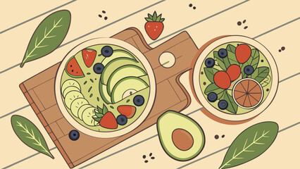 A vibrant and healthy breakfast scene featuring smoothie bowls with fresh fruit and avocado on a wooden board, promoting wellness and nutrition