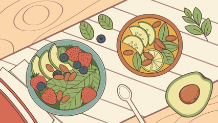 Two bowls of healthy food with avocado, strawberries, blueberries, and almonds on a wooden table, perfect for a nutritious and delicious meal