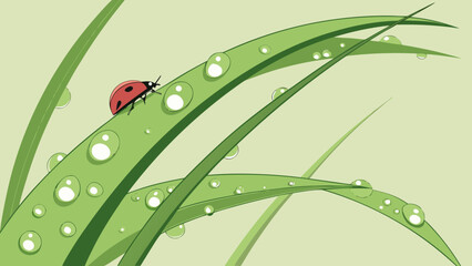 A ladybug rests on a vibrant green blade of grass, adorned with glistening water droplets, creating a refreshing and natural scene of natures beauty