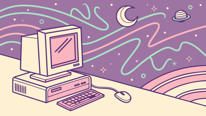 A dreamy retro computer setup with a vintage monitor, keyboard, and mouse, set against a whimsical backdrop of stars, moon, and cosmic swirls