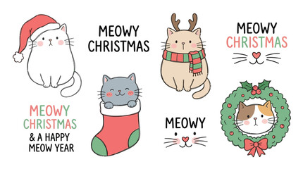 Cute Christmas Cat Illustration Set – Kawaii Holiday Cats with Santa Hat, Reindeer Antlers, Wreath & Stocking