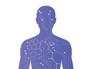 Silhouette of a human body integrated with circuitry and molecular structures.