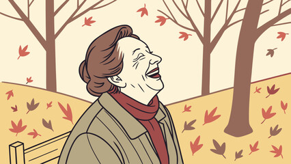 An elderly woman laughs joyfully on a park bench as autumn leaves fall around her, creating a heartwarming scene of seasonal happiness and peace