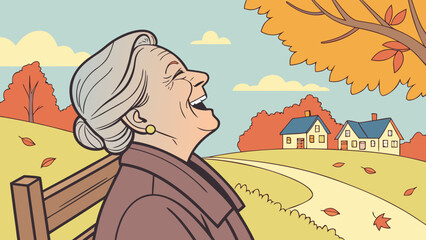 An elderly woman is laughing while sitting on a bench in the park, enjoying the autumn scenery with trees, houses, and a winding path
