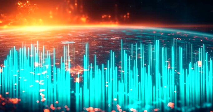 Global digital network with glowing data visualization bars over an illuminated planet 4k video