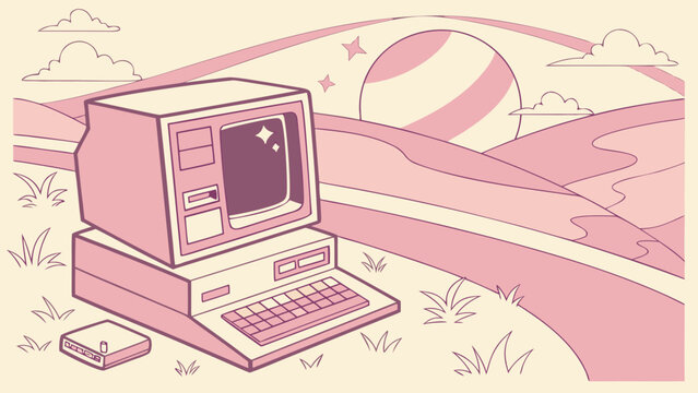 A vintage computer sits serenely amidst rolling hills, bathed in the soft glow of a setting sun, evoking nostalgia and a sense of technological history