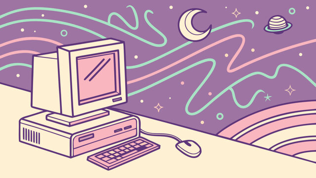 A dreamy retro computer setup with a vintage monitor, keyboard, and mouse, set against a whimsical backdrop of stars, moon, and cosmic swirls