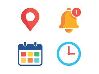 Icons represent location, notification, calendar, and time for digital apps and services.