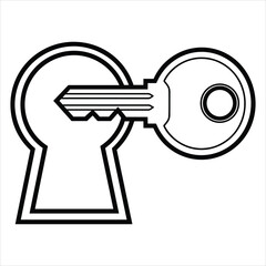 Key unlocking keyhole simple outline illustration access solution isolated on white background, Vector