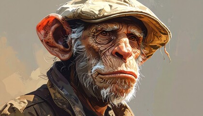 Expressive ape with weathered skin in a cap, looking contemplative in a painterly style