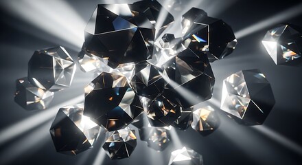 Radiant abstract crystals glittering intensely against a mysterious dark backdrop